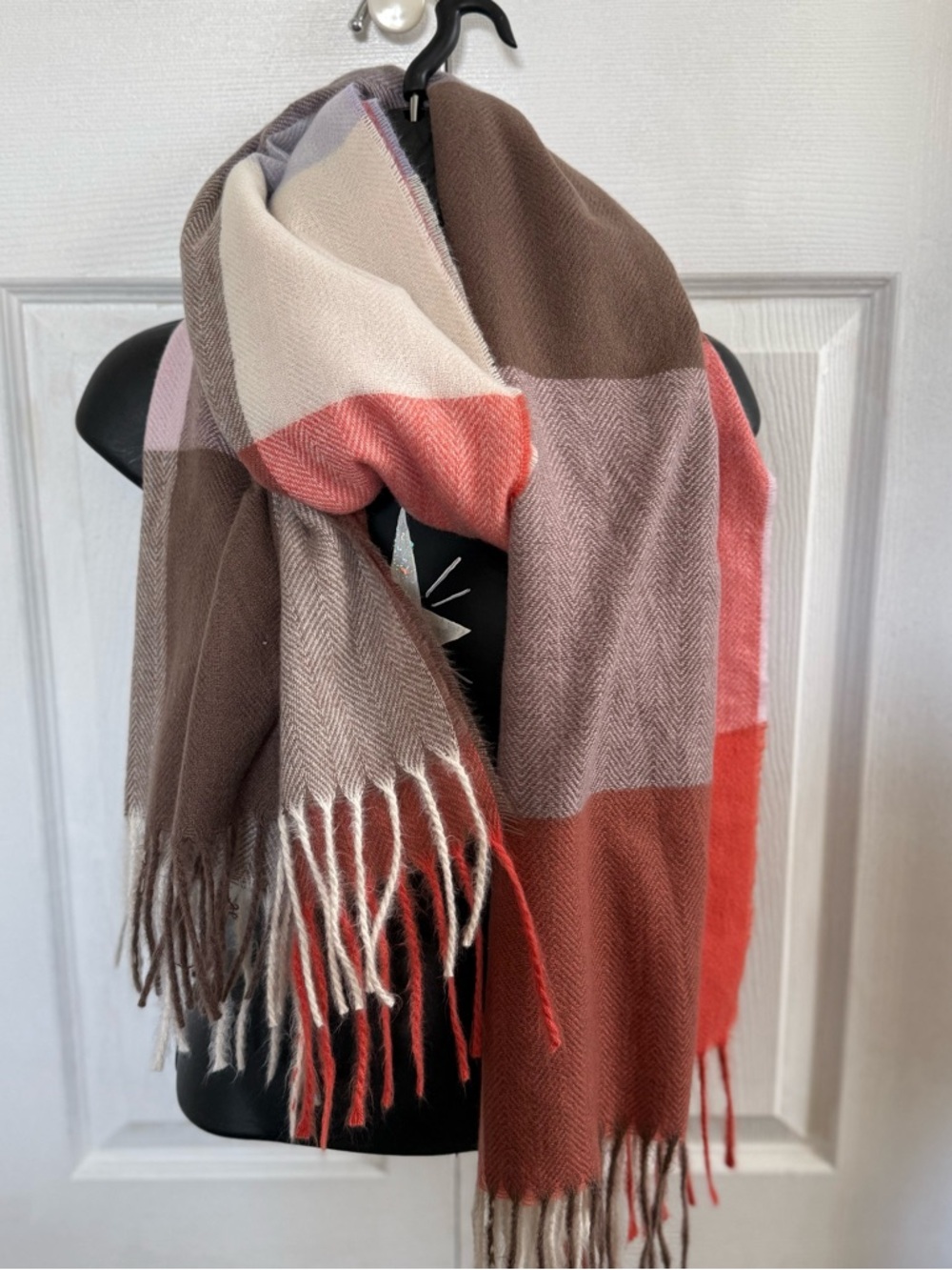 Vero Moda Colorblock Fringe Scarf in Brown, Cream & Coral